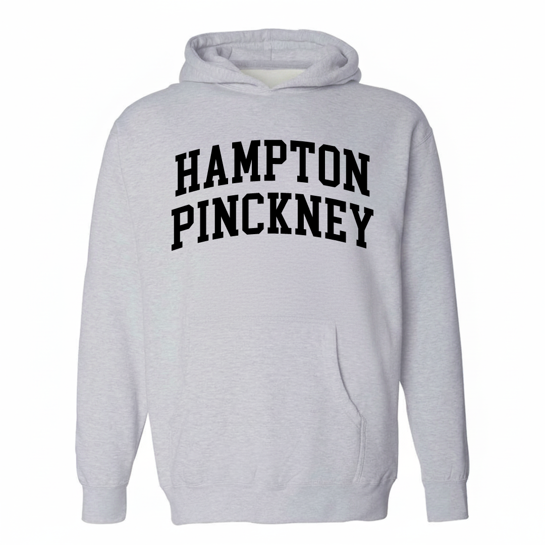 Heather-gray hoodie with the Hampton-Pinckney varsity arched lettering design on the chest.