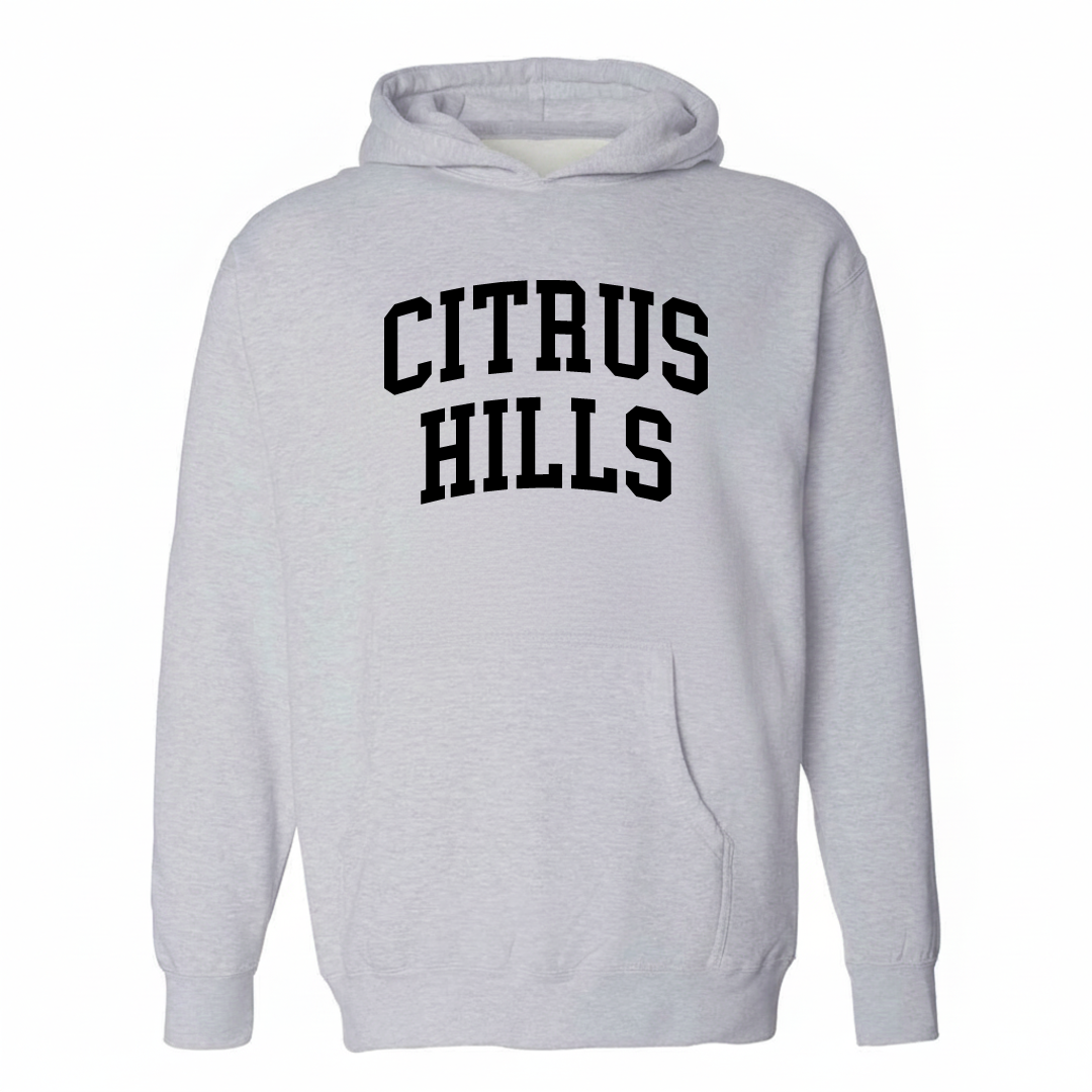 Heather-gray hoodie with the Citrus Hills arched varsity lettering design on the chest.