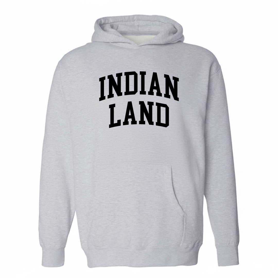 Heather-gray hoodie with the Indian Land arched varsity lettering design on the chest.