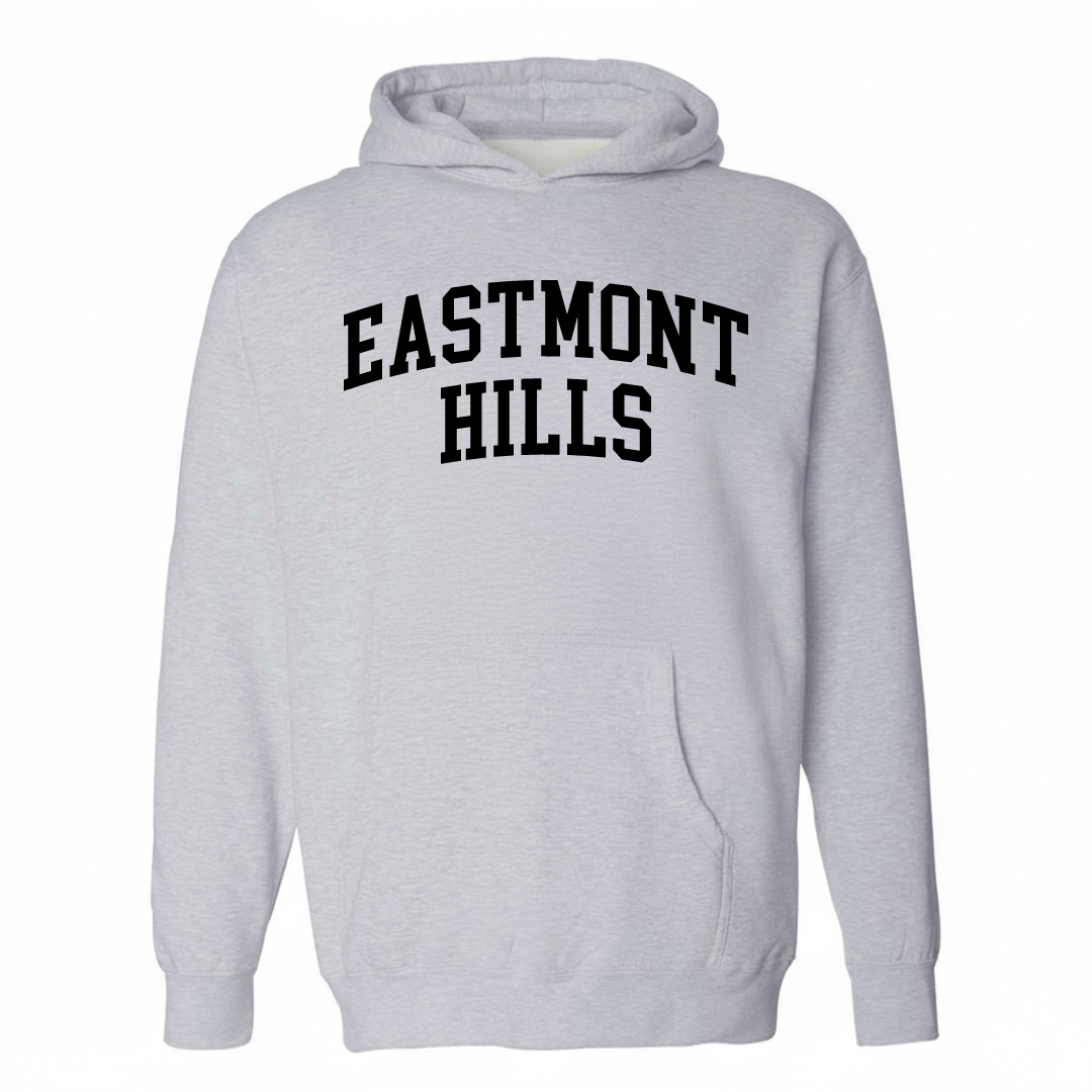 Heather-gray hoodie with the Eastmont Hills varsity arched lettering design on the chest.