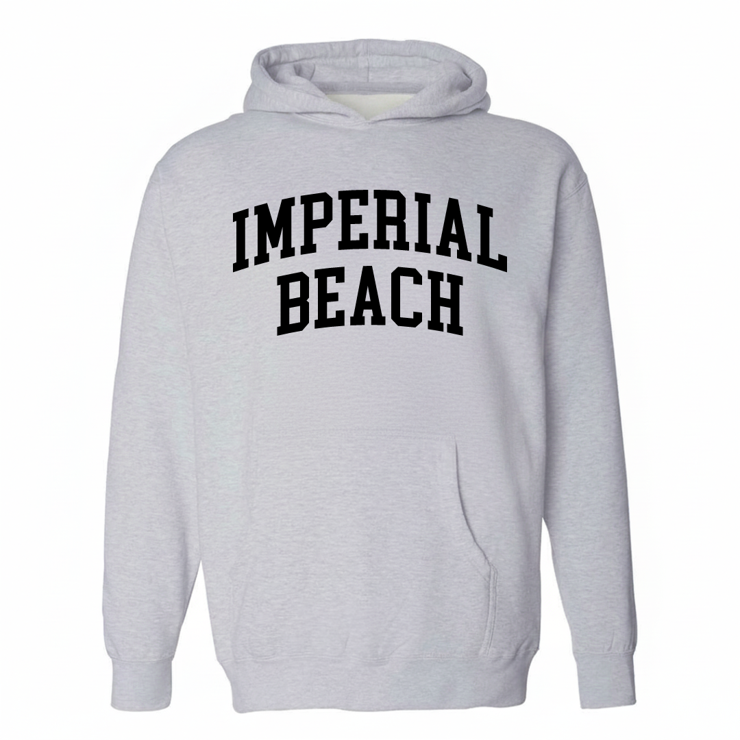 Heather-gray hoodie with the Imperial Beach varsity arched lettering design on the chest.