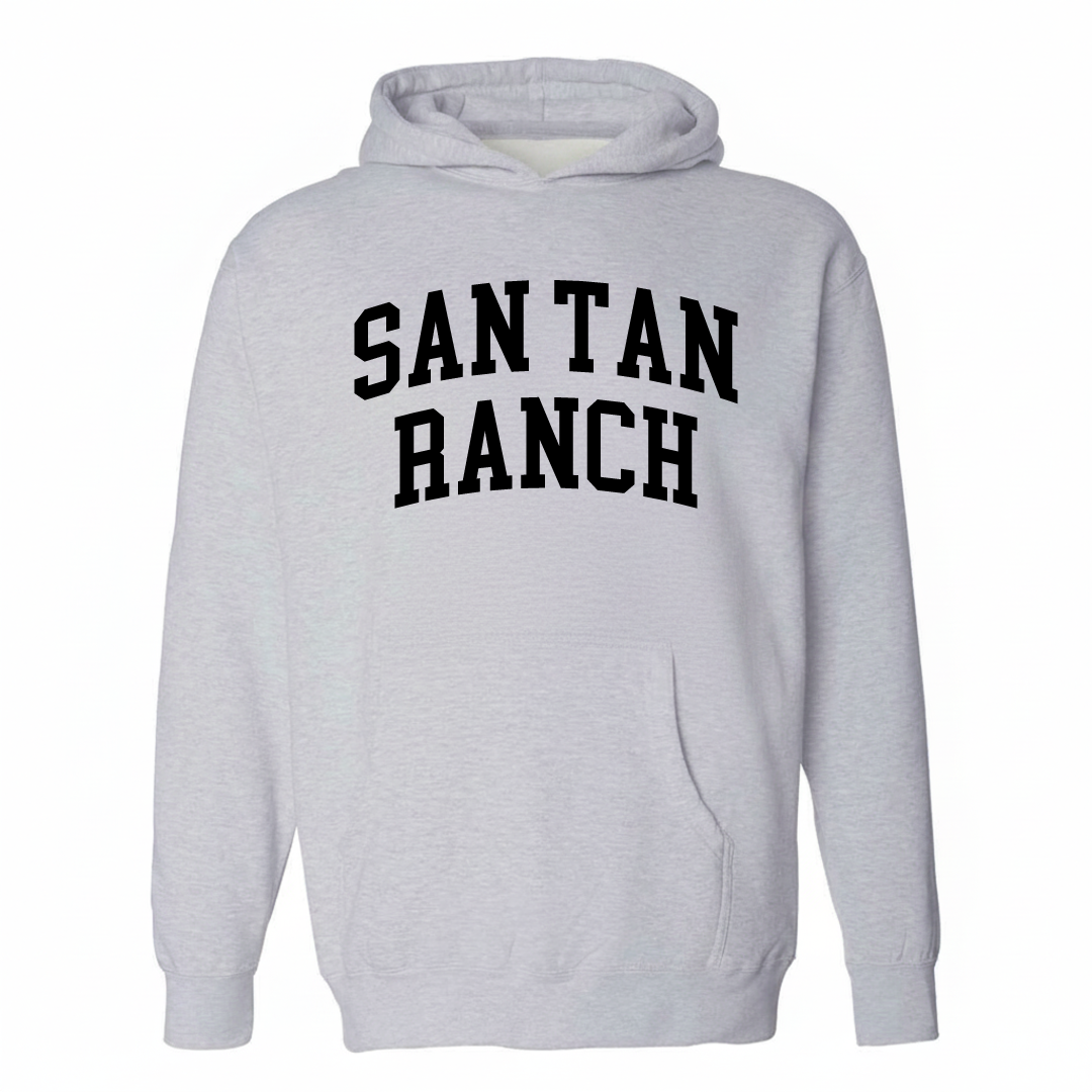 Heather-gray hoodie with the San Tan Ranch varsity arched lettering design on the chest.