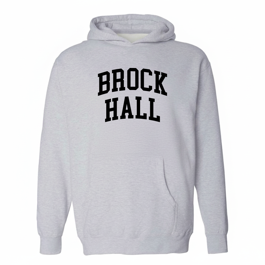 Heather-gray hoodie with the Brock Hall varsity arched lettering design on the chest.