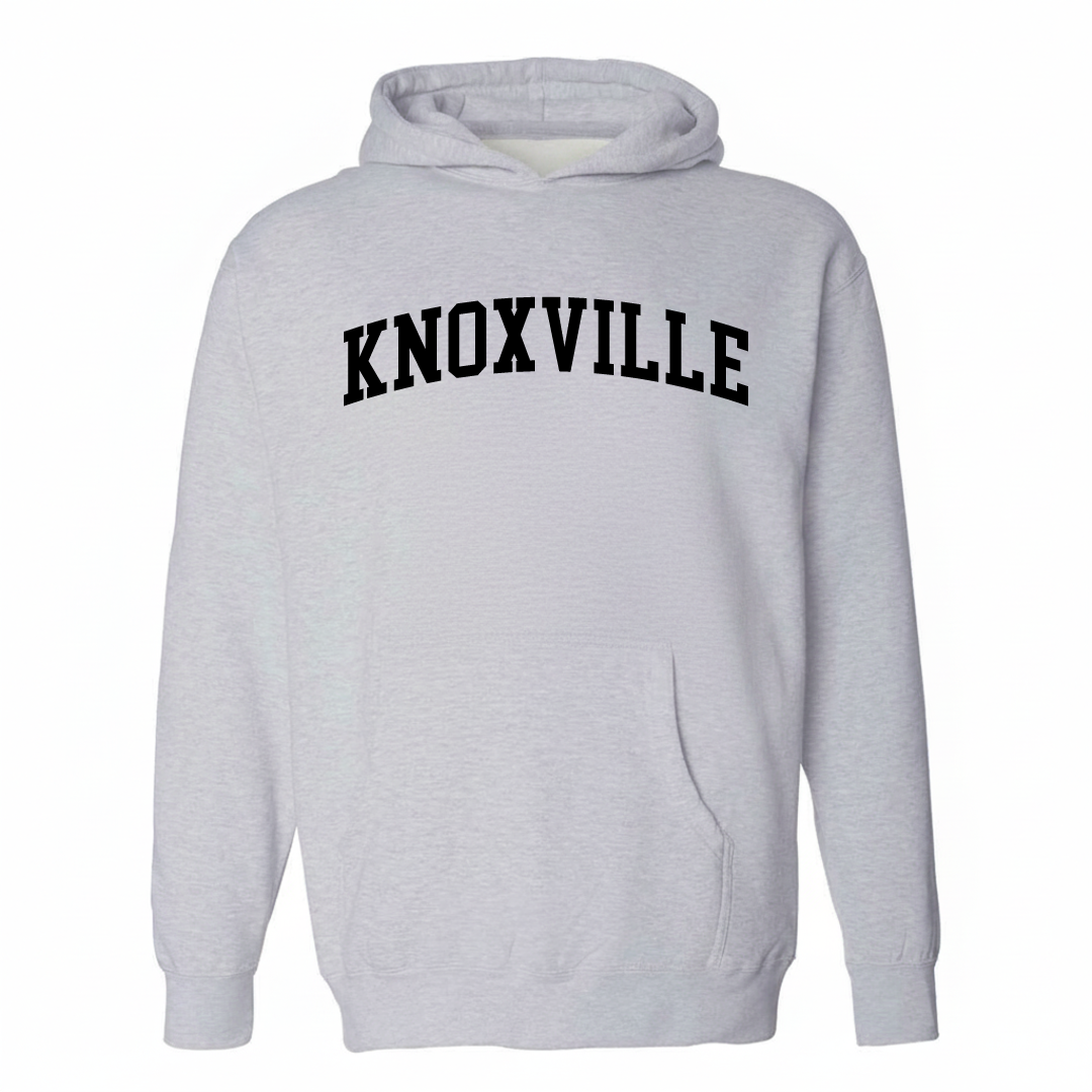 Heather-gray hoodie with the Knoxville arched varsity lettering design on the chest.