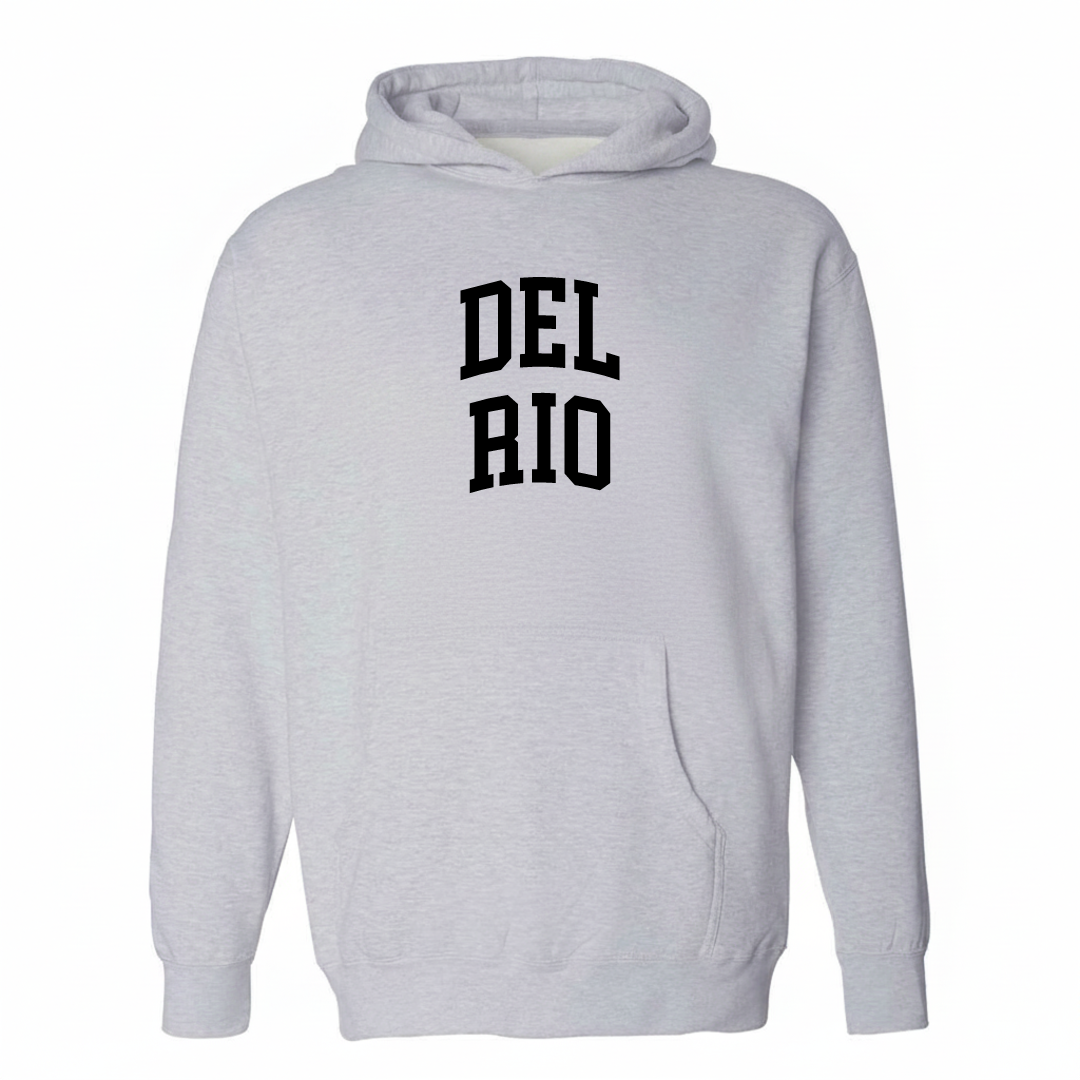 Heather-gray hoodie with the Del Rio arched lettering varsity-collegiate design on the chest.
