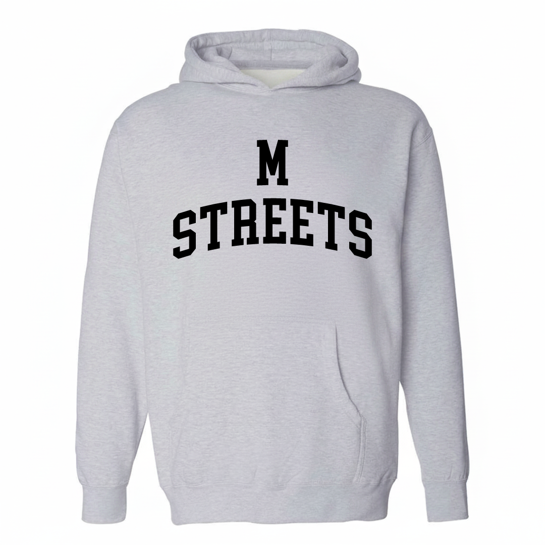 Heather-gray hoodie with the M Streets arched varsity lettering design on the chest.