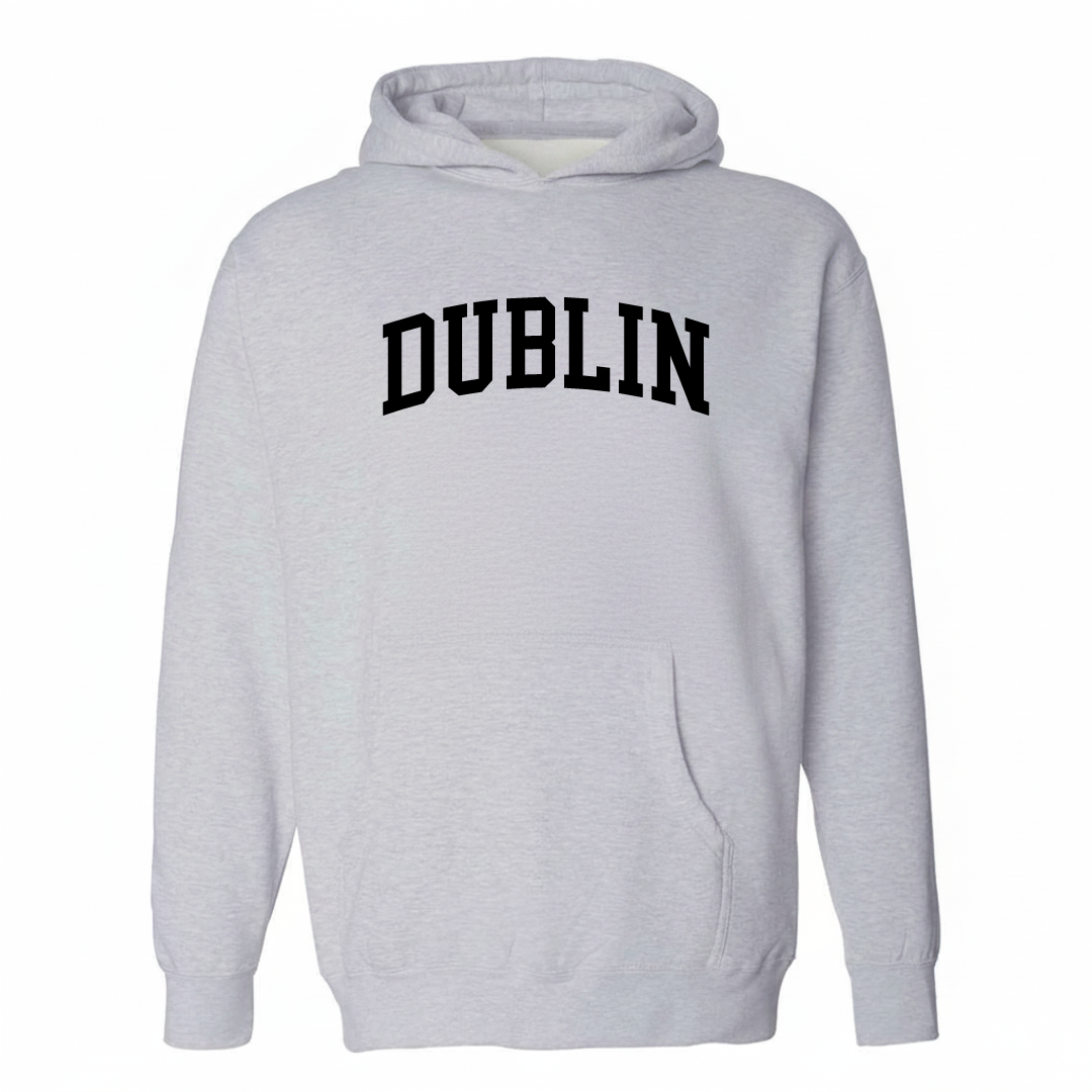 Heather-gray hoodie with the Dublin, Georgia varsity arched lettering design on the chest.