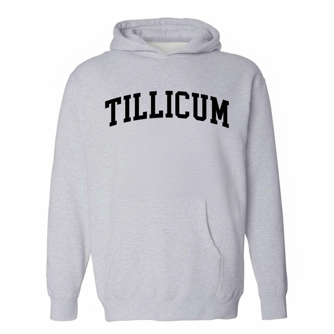 Heather-gray hoodie with the Tillicum varsity arched lettering design on the chest.