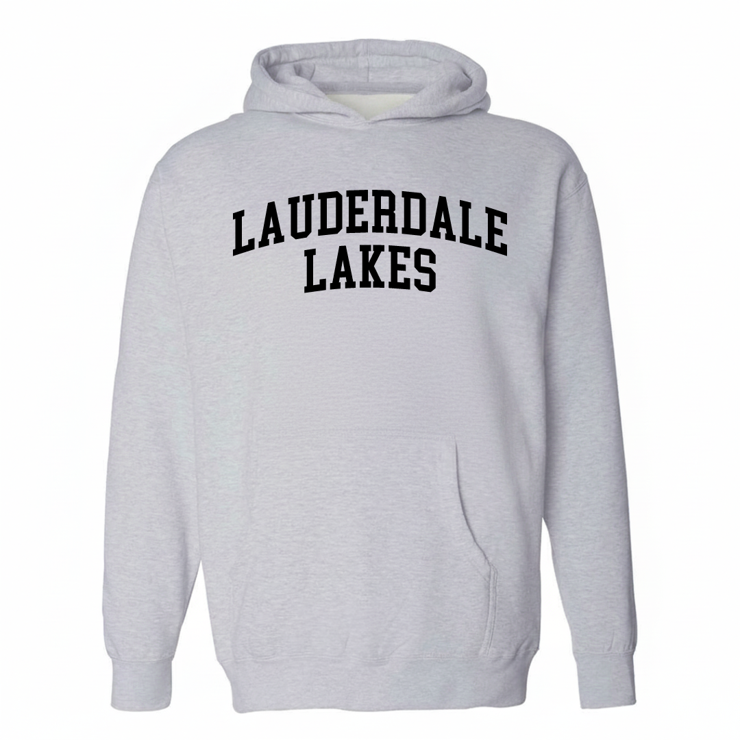 Heather-gray hoodie with the Lauderdale Lakes varsity arched lettering design on the chest.