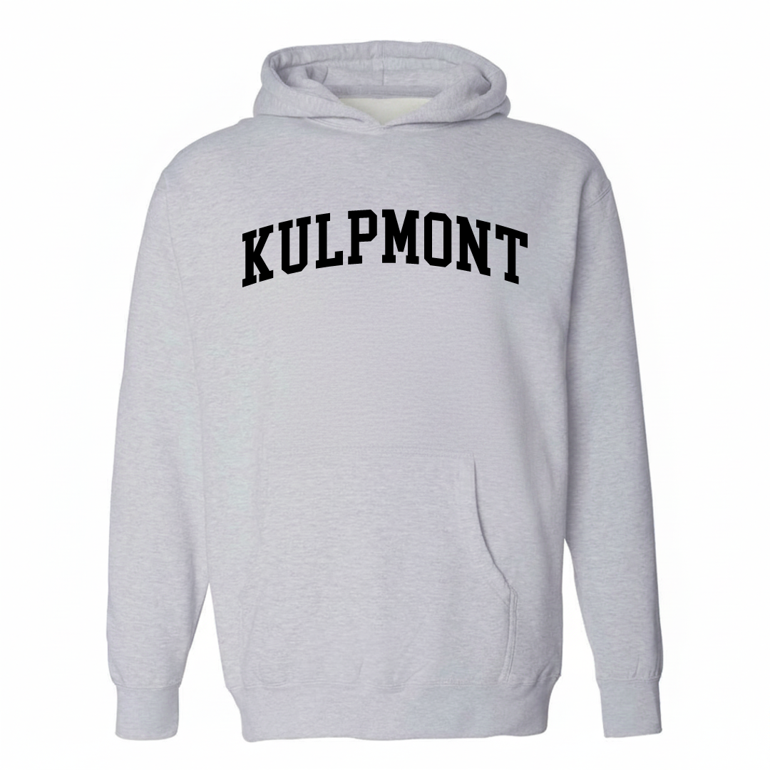 Heather-gray hoodie with the Kulpmont varsity arched lettering design on the chest.