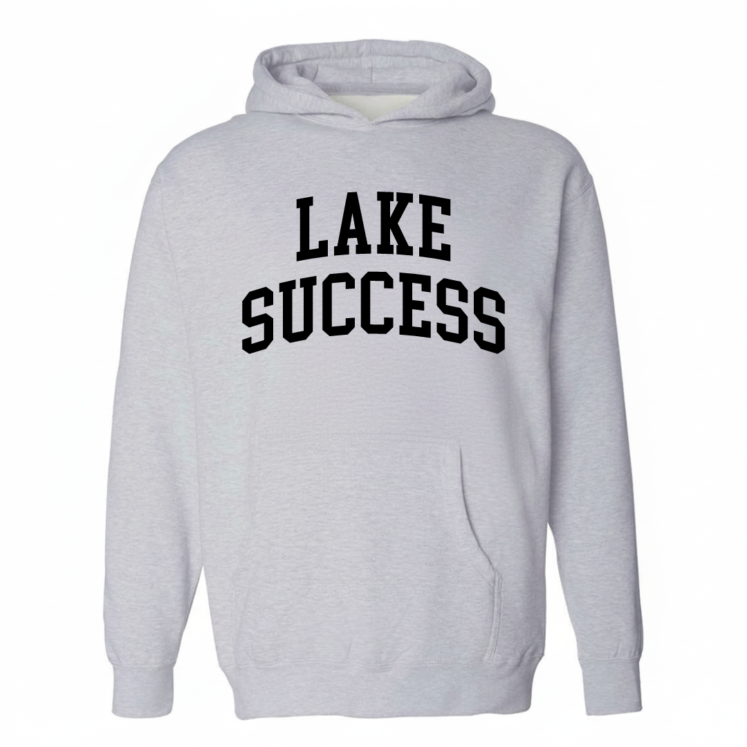 Heather-gray hoodie with the Lake Success varsity arched lettering design on the chest.