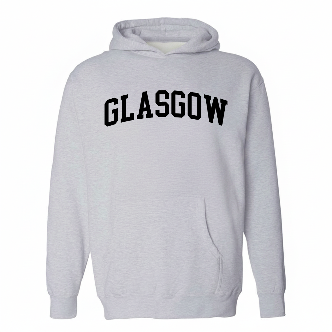 Heather-gray hoodie with the Glasgow, MT arched lettering varsity-collegiate design on the chest.