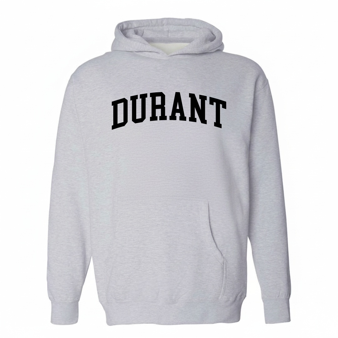 Heather-gray hoodie with the Durant varsity arched lettering design on the chest.