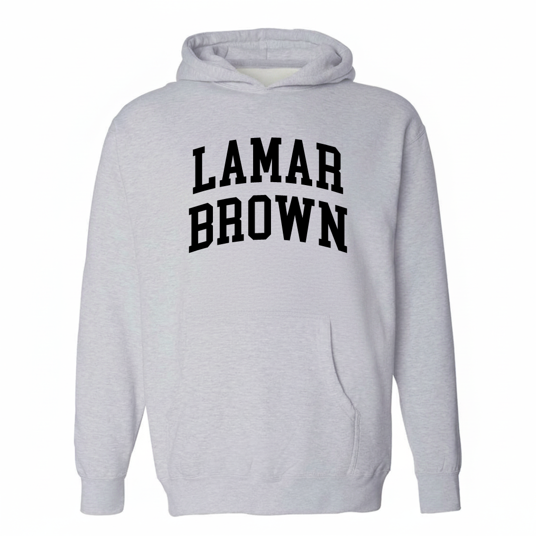 Heather-gray hoodie with the Lamar-Brown varsity arched lettering design on the chest.