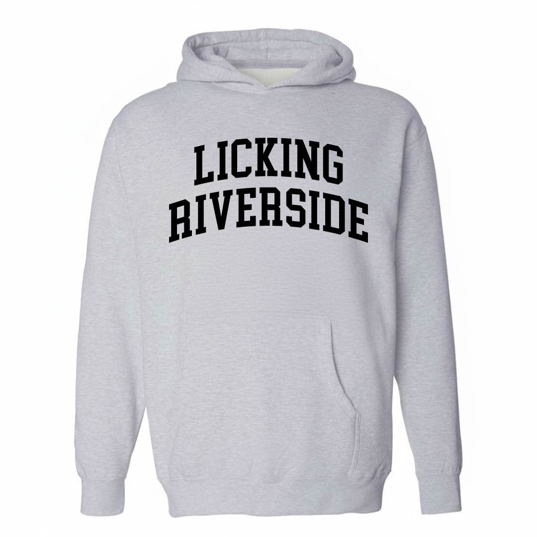 Heather-gray hoodie with the Licking Riverside varsity arched lettering design on the chest.