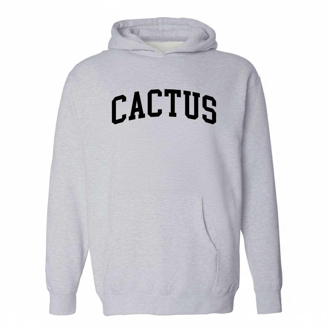 Heather-gray hoodie with the Cactus, TX varsity arched lettering design on the chest.