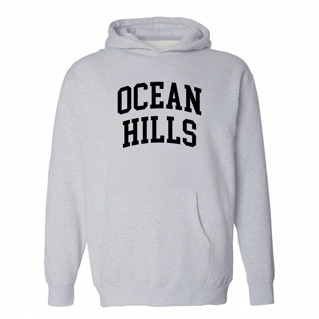 Heather-gray hoodie with the Ocean Hills arched lettering design on the chest.