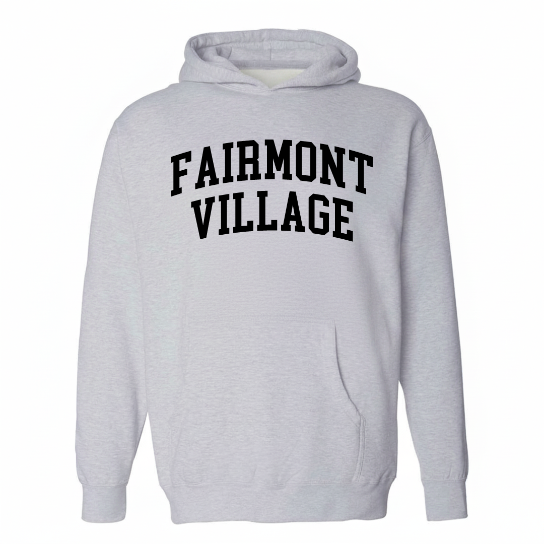 Heather-gray hoodie with the Fairmont Village varsity arched lettering design on the chest.