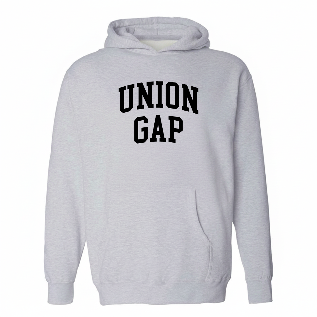 Heather-gray hoodie with the Union Gap arched lettering varsity-collegiate design on the chest.