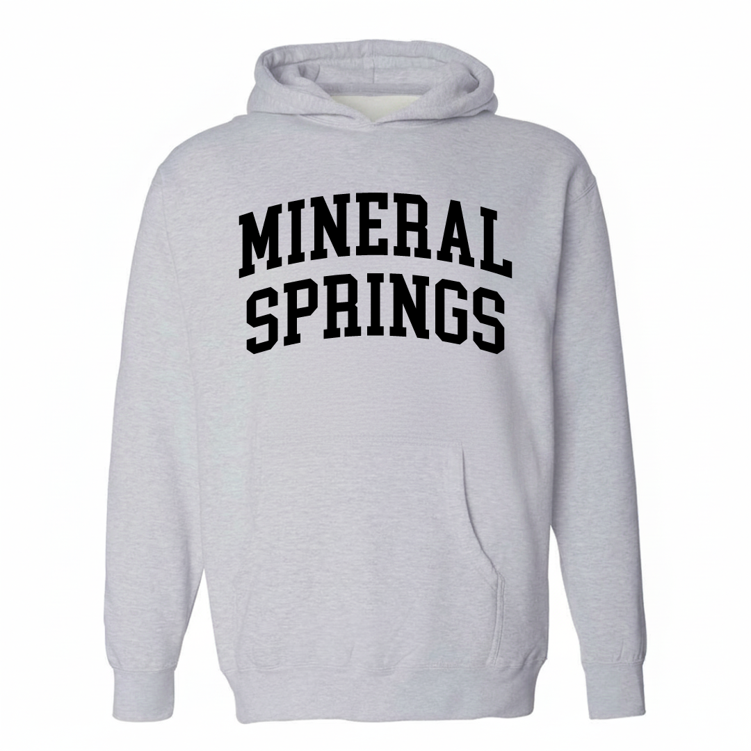 Heather-gray hoodie with the Mineral Springs varsity arched lettering design on the chest.
