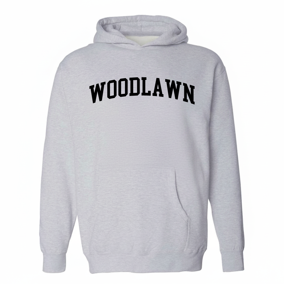 Heather-gray hoodie with the Woodlawn varsity arched lettering design on the chest.
