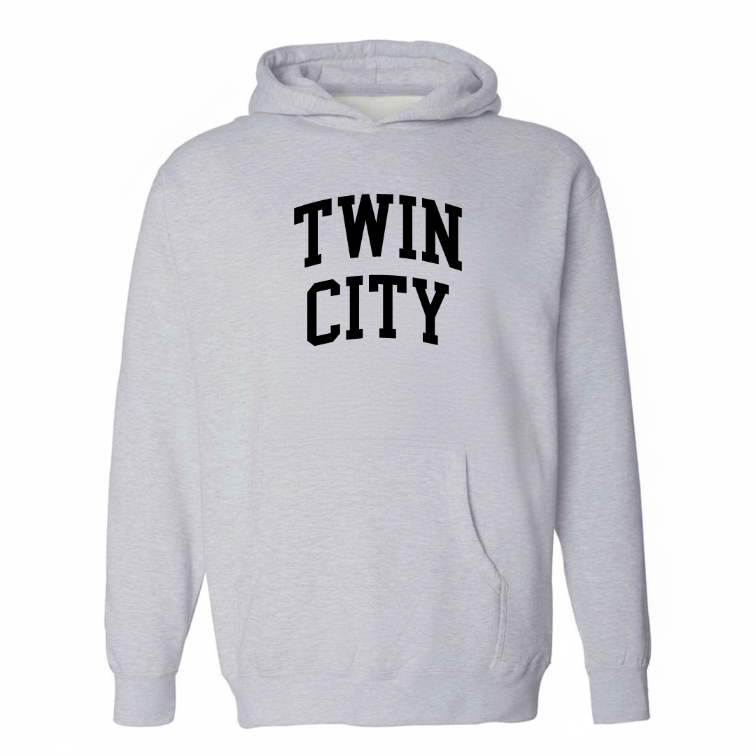 Heather-gray hoodie with the Twin City varsity arched lettering design on the chest.