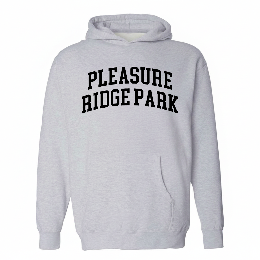 Heather-gray hoodie with the Pleasure Ridge Park varsity arched lettering design on the chest.