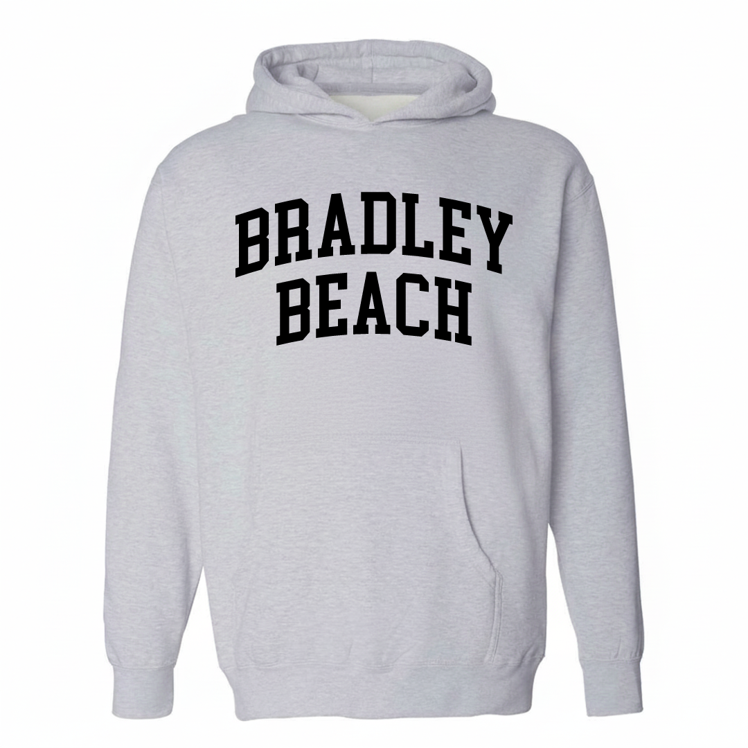 Heather-gray hoodie with the Bradley Beach arched varsity lettering design on the chest.