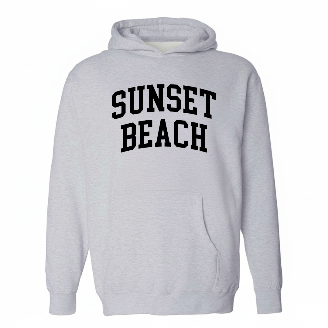 Heather-gray hoodie with the Sunset Beach arched lettering design on the chest.