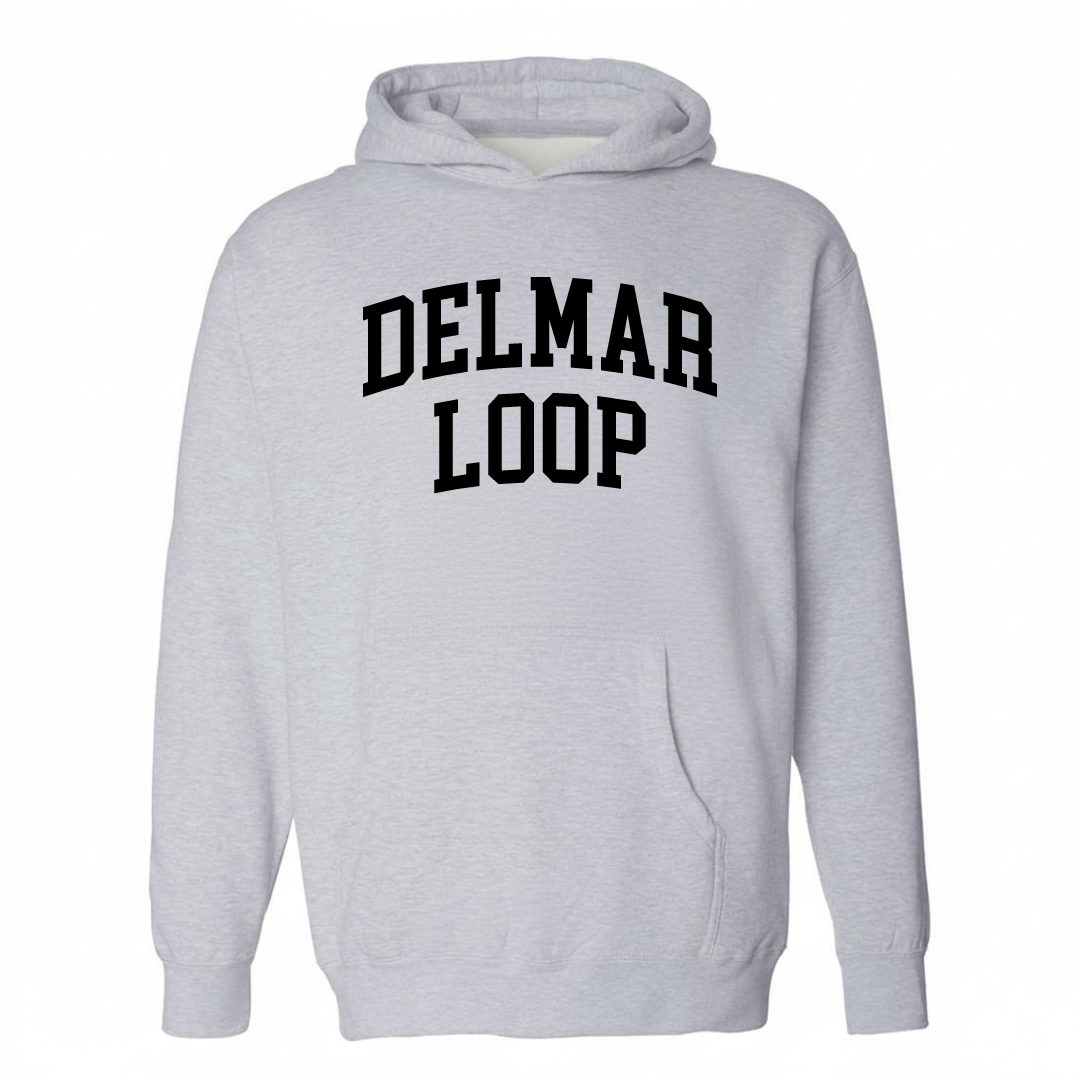 Heather-gray hoodie with the Delmar Loop varsity arched lettering design on the chest.