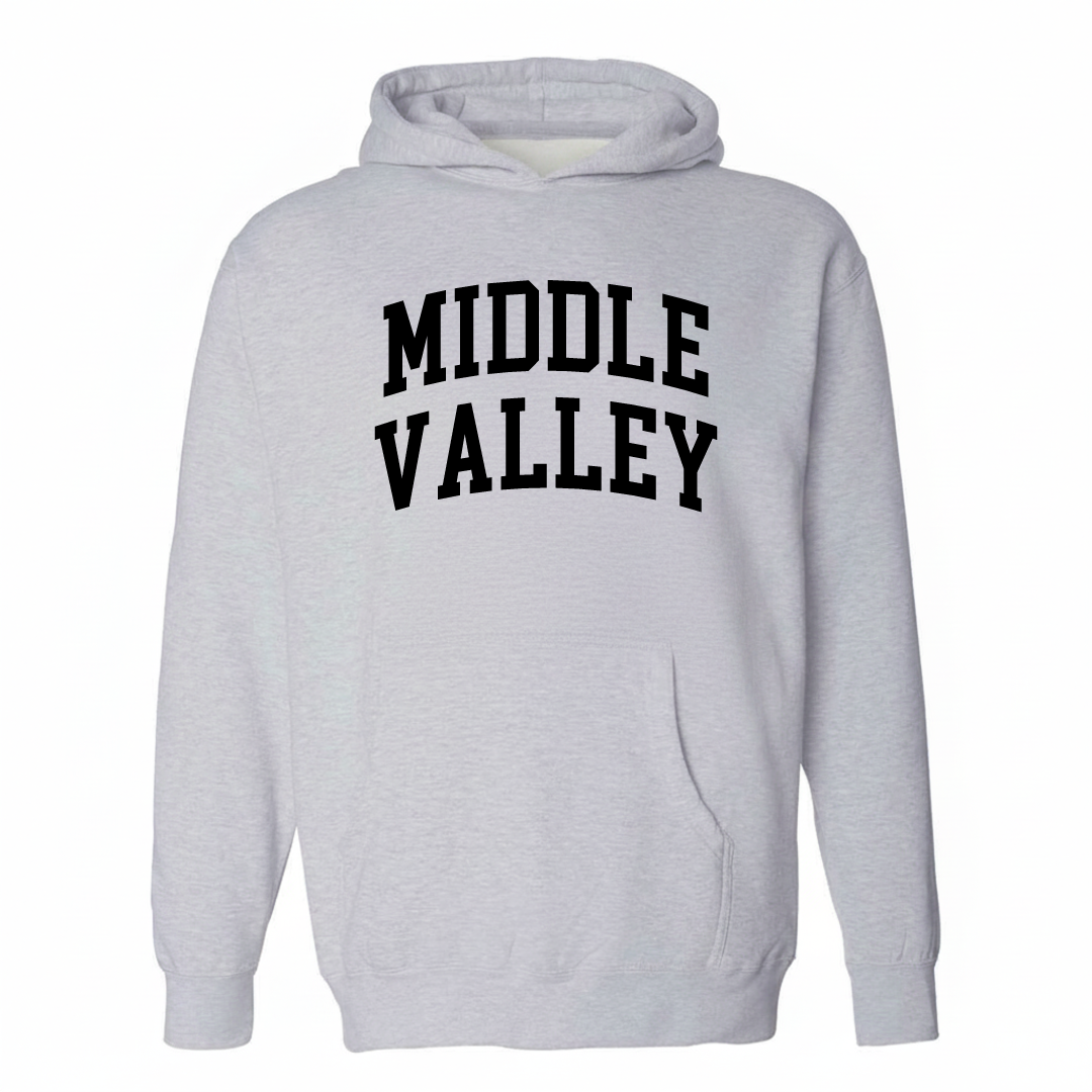 Heather-gray hoodie with the Middle Valley arched lettering varsity-collegiate design on the chest.