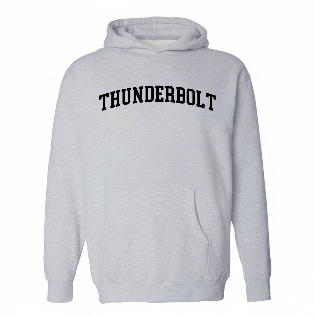 Heather-gray hoodie with the Thunderbolt varsity arched lettering design on the chest.