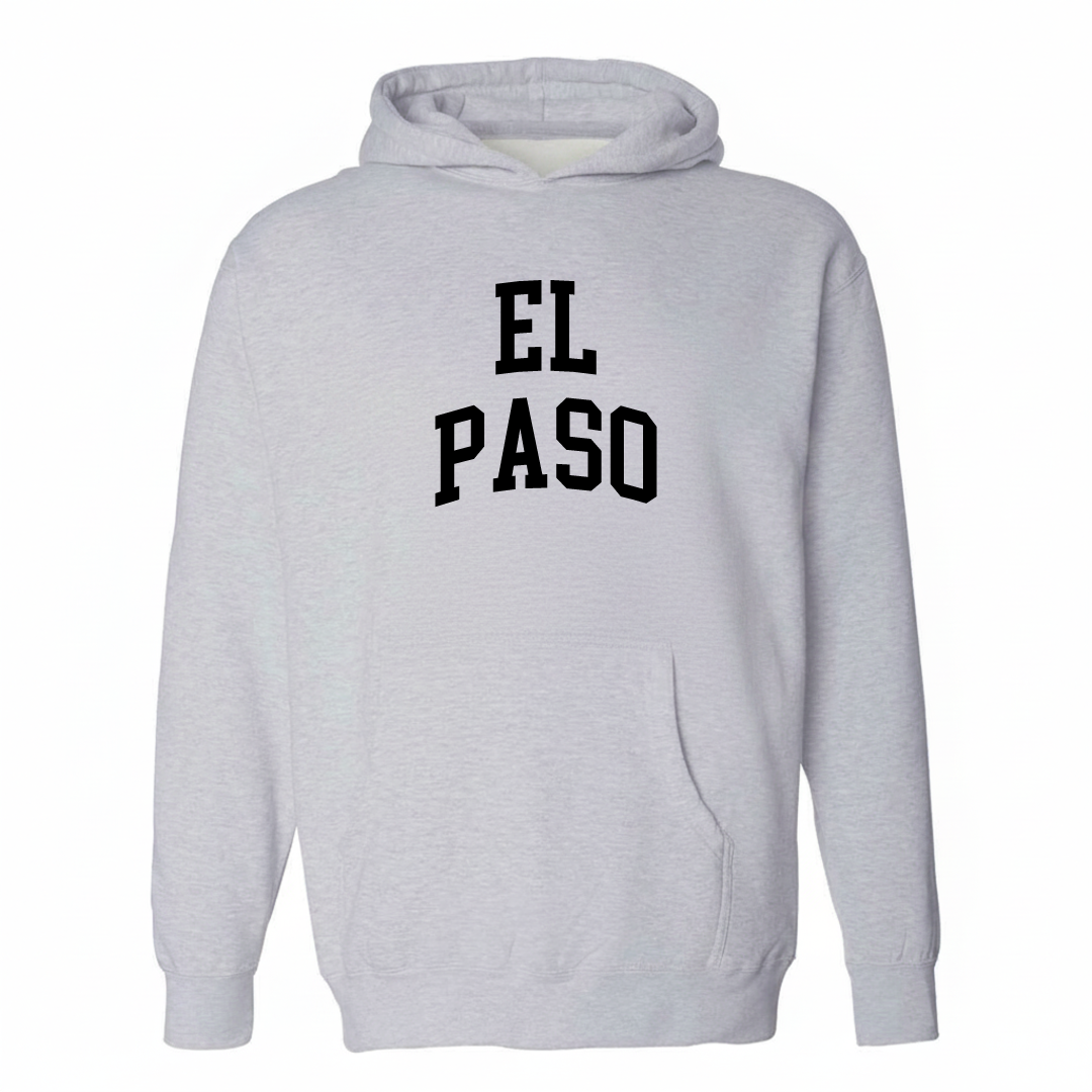 Heather-gray hoodie with the El Paso arched lettering varsity-collegiate design on the chest.