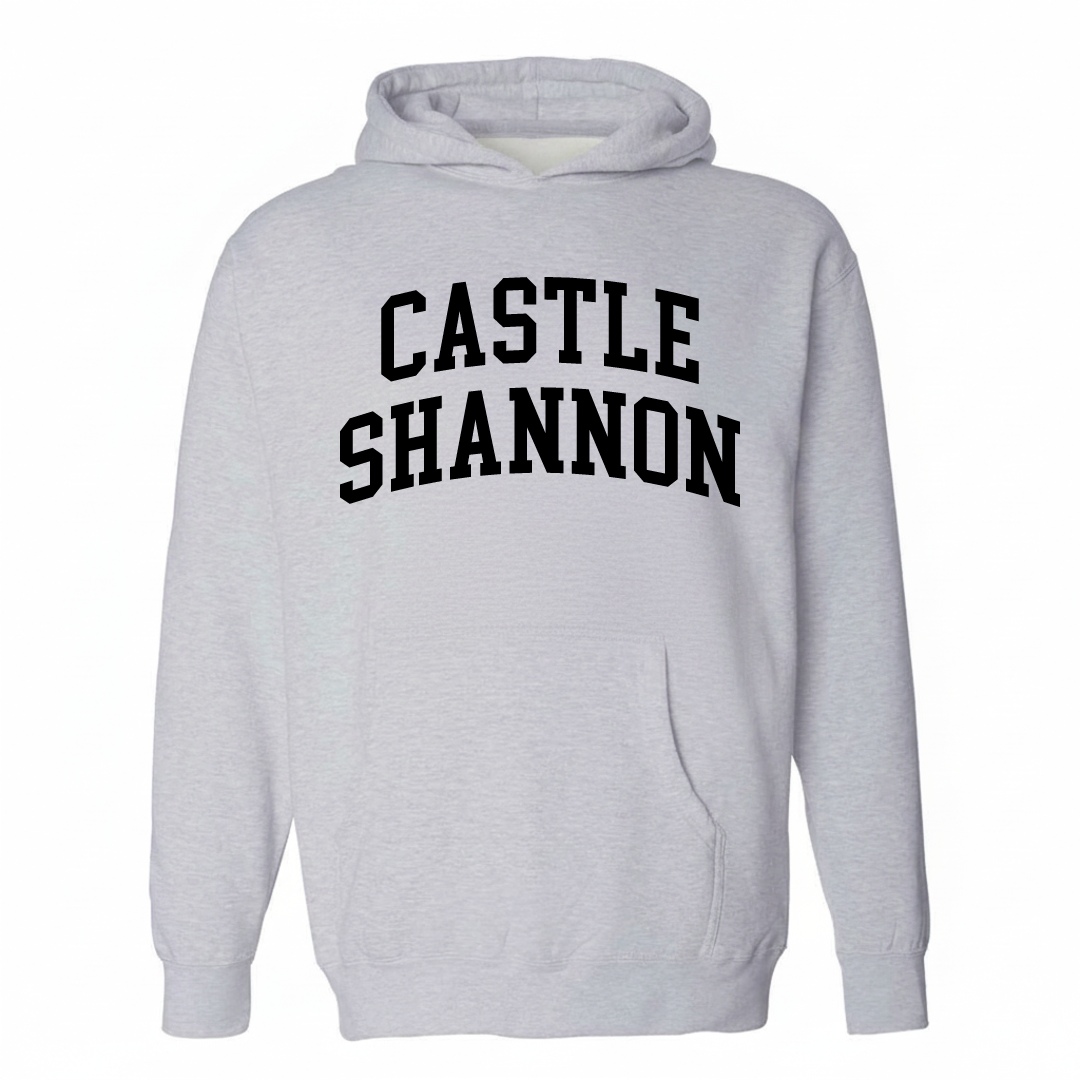 Heather-gray hoodie with the Castle Shannon arched lettering varsity design on the chest.