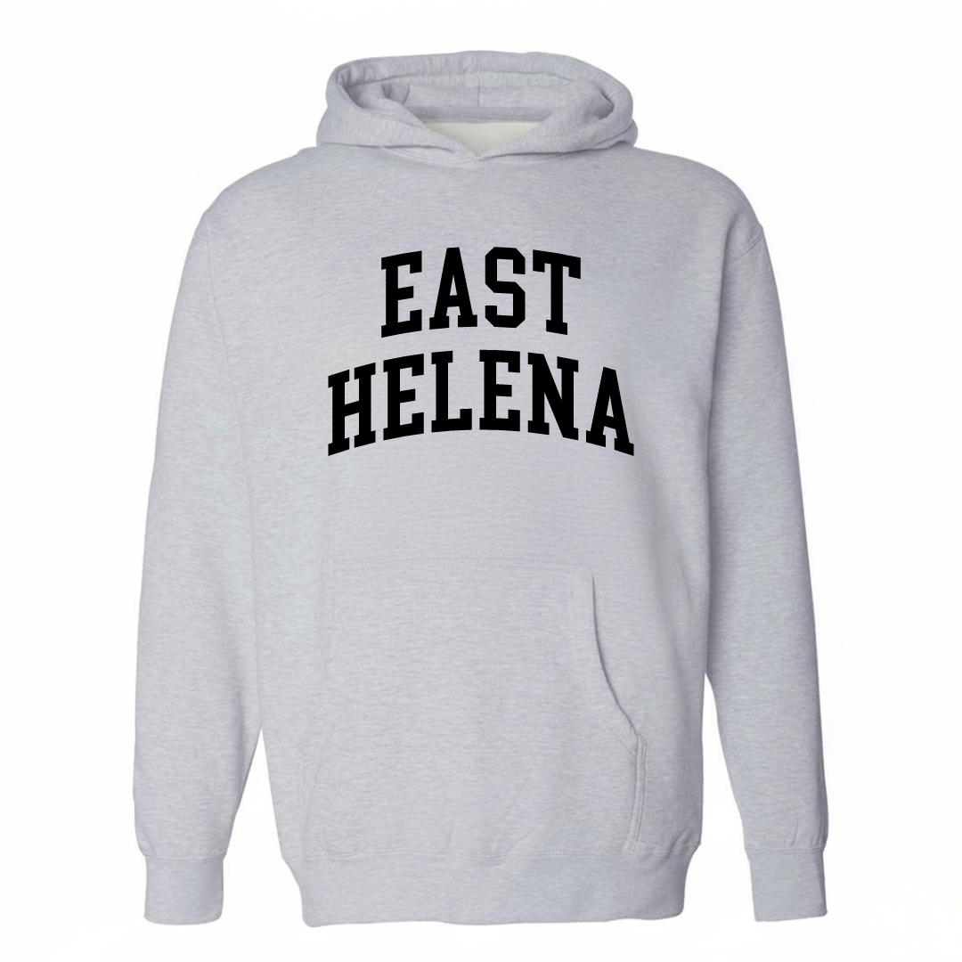 Heather-gray hoodie with the East Helena varsity arched lettering design on the chest.