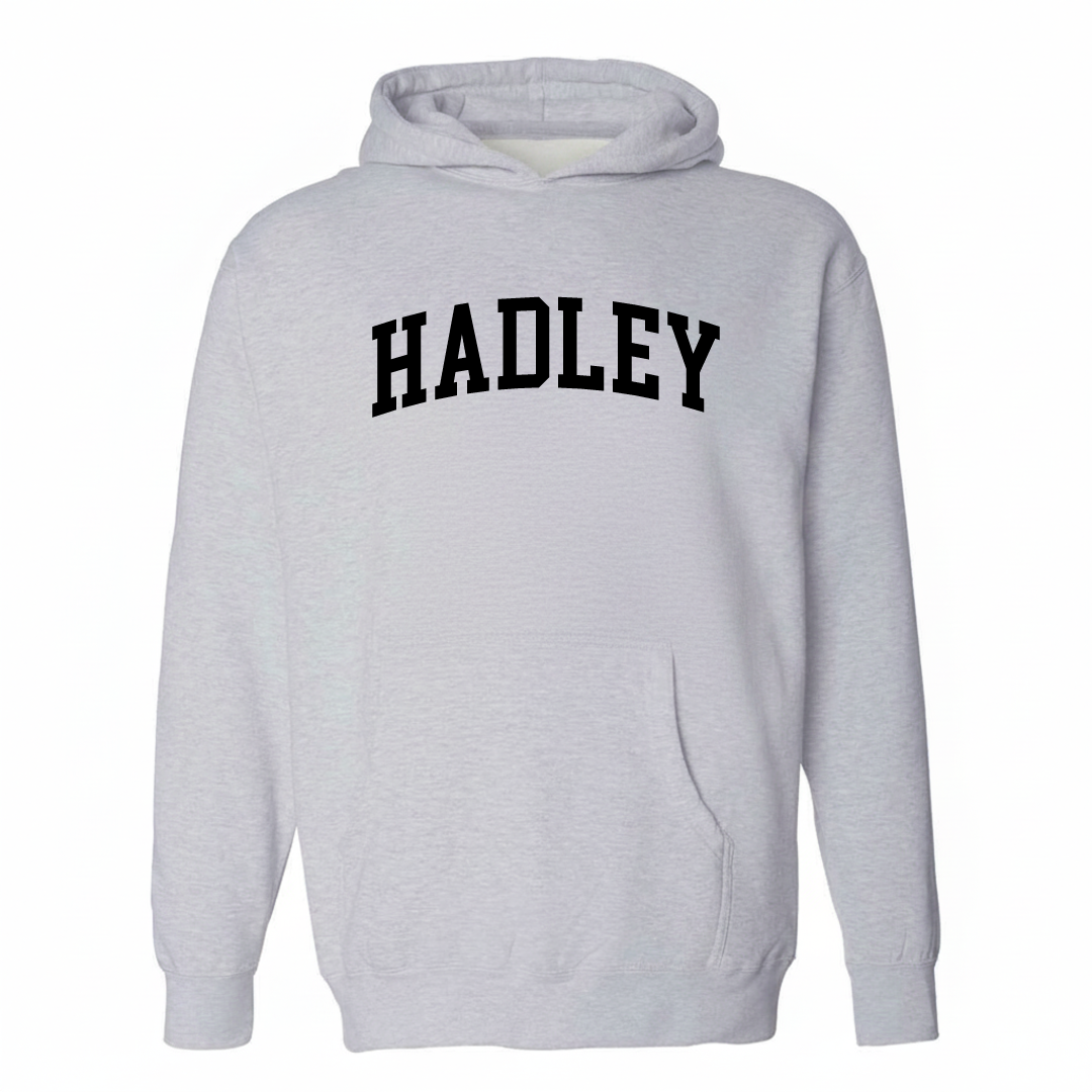 Heather-gray hoodie with the Hadley varsity arched lettering design on the chest.