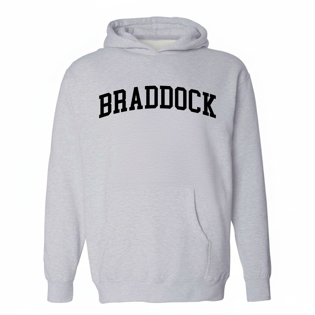 Heather-gray hoodie with the Braddock varsity arched lettering design on the chest.