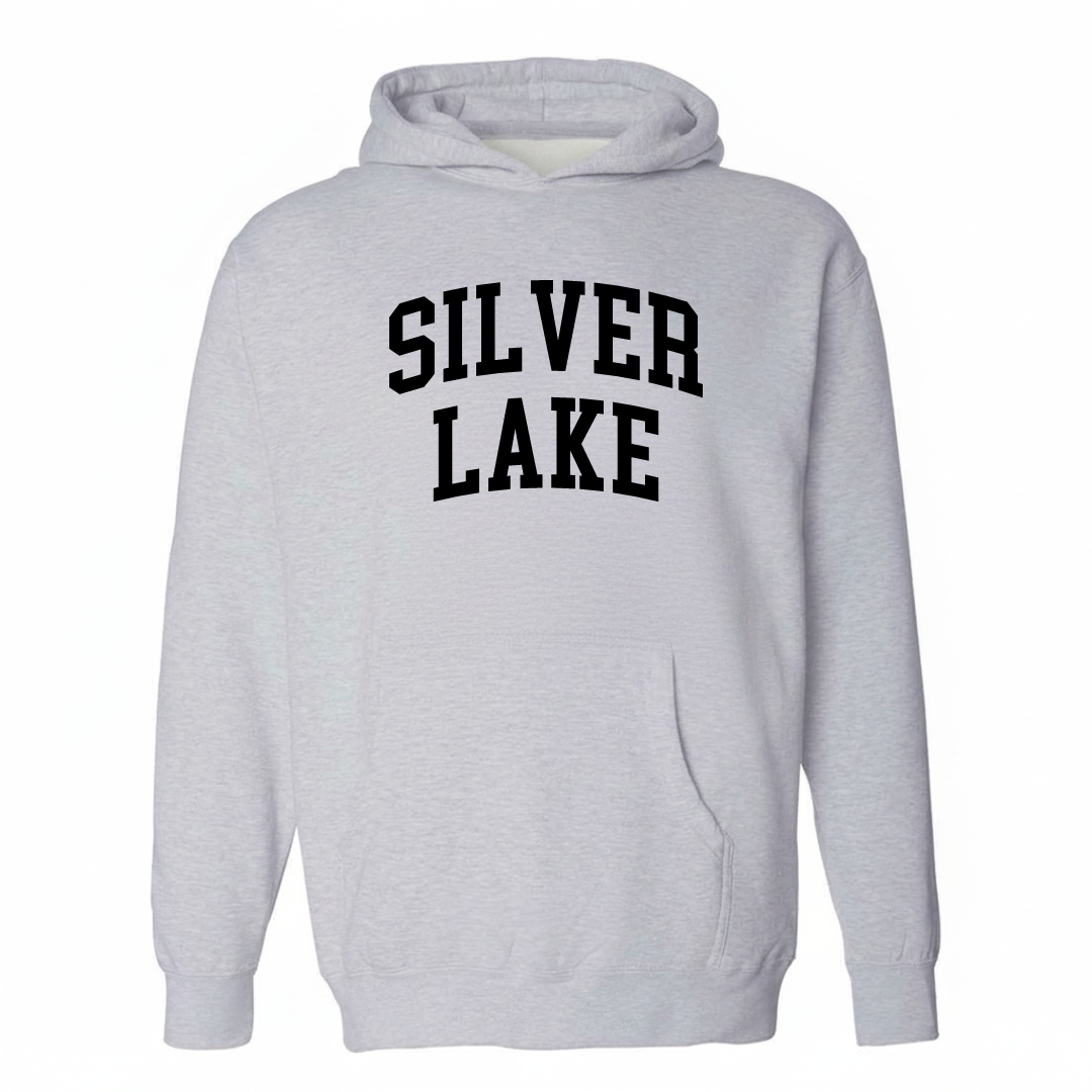 Heather-gray hoodie with the Silver Lake varsity arched lettering design on the chest.