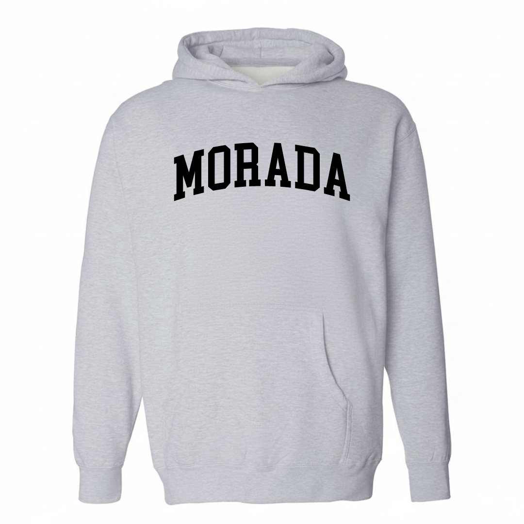 Heather-gray hoodie with the Morada varsity arched lettering design on the chest.