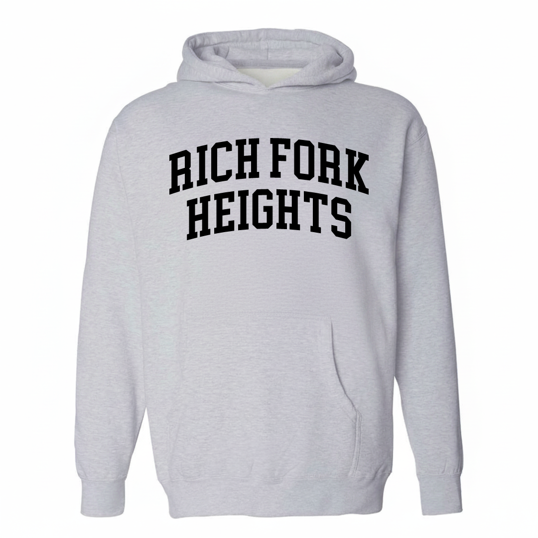 Heather-gray hoodie with the Rich Fork Heights varsity arched lettering design on the chest.