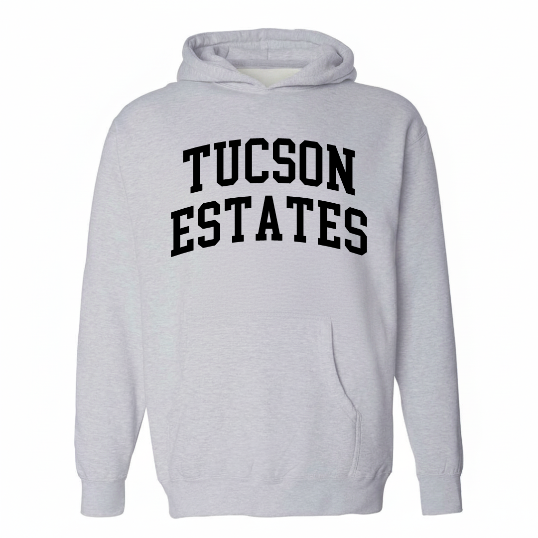 Heather-gray hoodie with the Tucson Estates varsity arched lettering design on the chest.