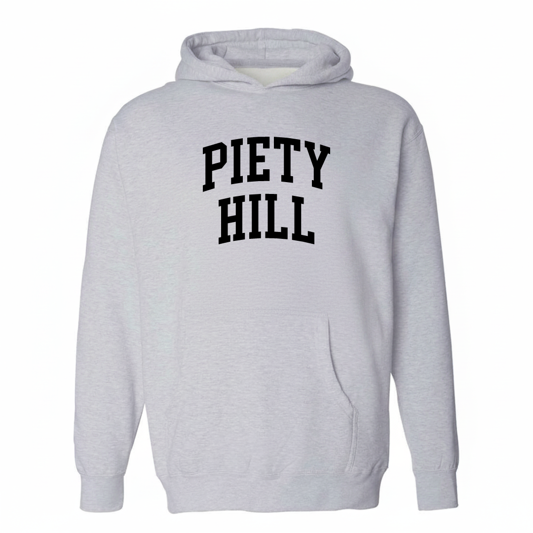Heather-gray hoodie with the Piety Hill varsity arched lettering design on the chest.