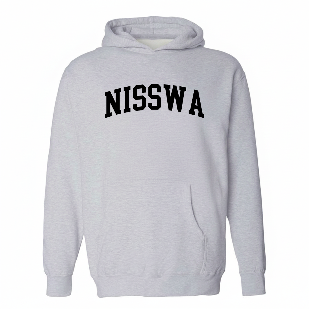 Heather-gray hoodie with the Nisswa arched varsity lettering design on the chest.
