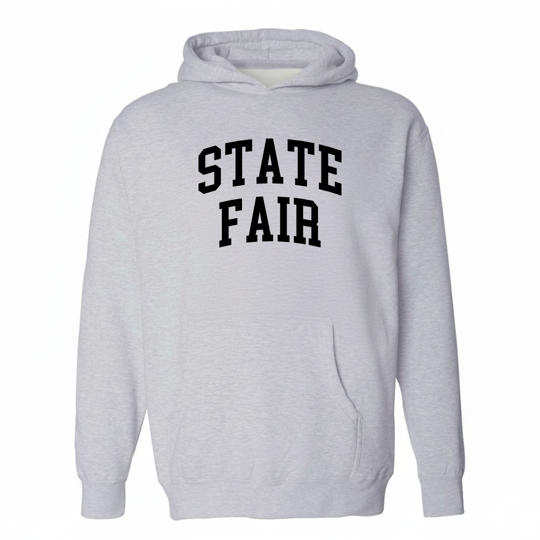 Heather-gray hoodie with the State Fair varsity arched lettering design on the chest.