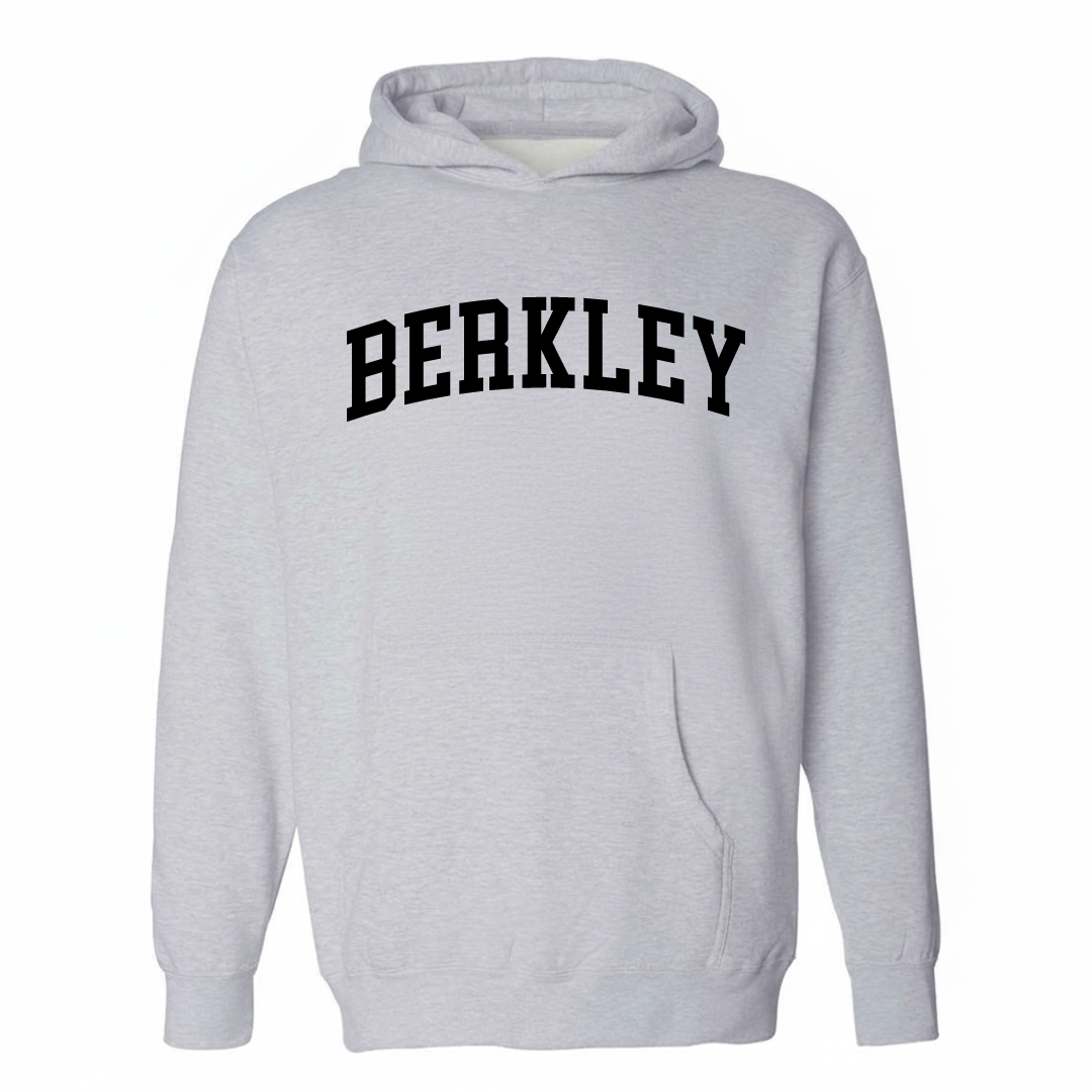 Heather-gray hoodie with the Berkley arched varsity lettering design on the chest.
