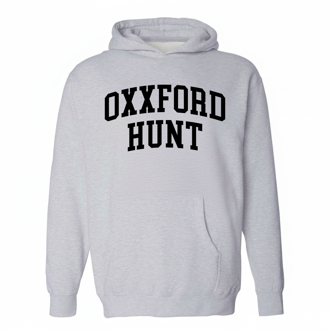 Heather-gray hoodie with Oxxford Hunt Club varsity arched lettering design on the chest.