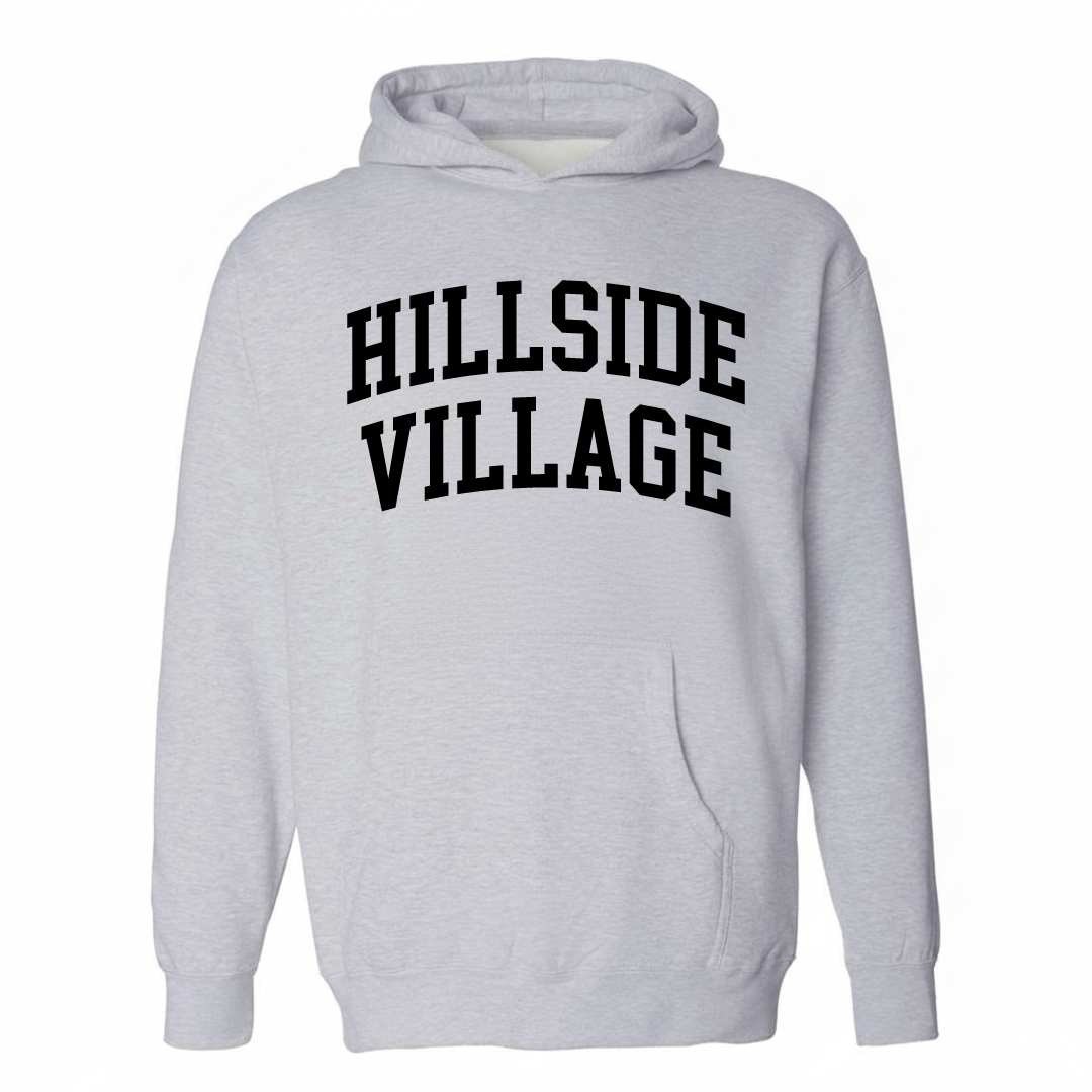 Heather-gray hoodie with the Hillside Village varsity arched lettering design on the chest.