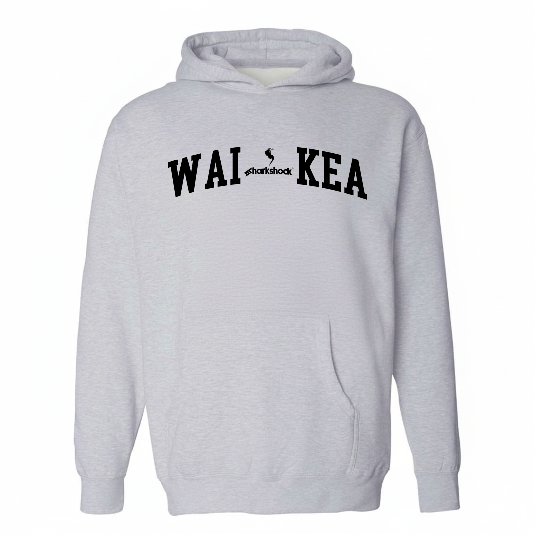 Heather-gray hoodie with the Waiākea varsity arched lettering design on the chest.