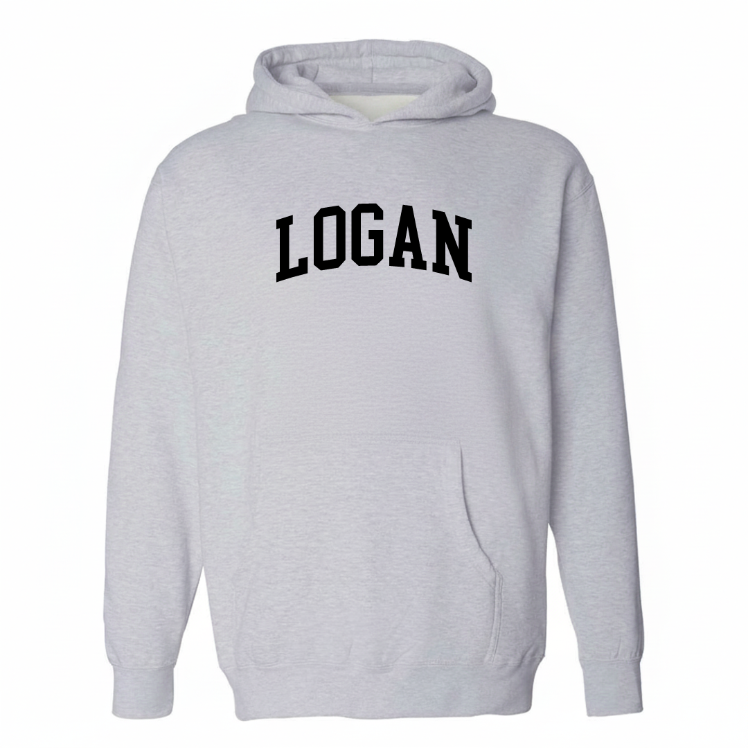 Heather-gray hoodie with the Logan Township arched lettering varsity-collegiate design on the chest.