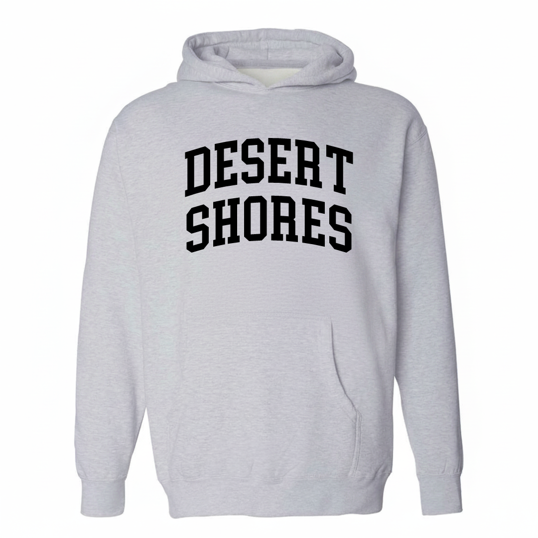 Heather-gray hoodie with the Desert Shores arched lettering varsity-collegiate design on the chest.